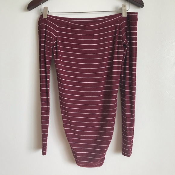 Hollister Long Sleeve Off Shoulder Burgundy Maroon Wht Stripe Leotard Bodysuit S - Picture 10 of 16